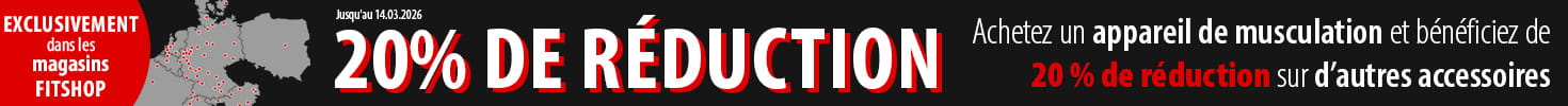 "Une bannière publicitaire avec un magasin Fitshop en arrière-plan. Il est écrit : 
«Jusqu'au 14.03.2026. 20 % de réduction. Achetez un appareil de musculation et bénéficiez
 de 20 % de réduction sur des accessoires supplémentaires. Exclusivement dans les 
magasins Fitshop. » À titre d’exemple, une image montre un ensemble composé d’une station
 de musculation, d’un banc de musculation et d’un disque de musculation.
"