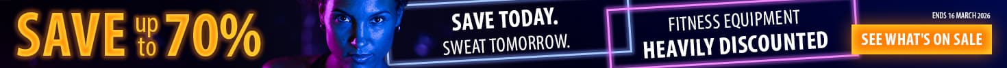 Ad banner with neon colours on a dark background. In the middle is a person holding a dumbbell. To their left and right, texts read: "Sweat today. Save tomorrow. Fitness equipment heavily discounted. Save up to 70%. Ends 16 March 2026. See what's on sale."