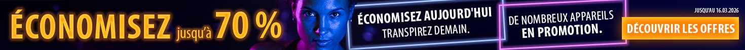 "Bannière promotionnelle aux couleurs néon sur un fond sombre. Au centre, une personne tient un haltère. À gauche et à droite, le texte ""Économisez aujourd'hui. Transpirez demain. De nombreux appareils en  promotion. Économisez jusqu'à 70%. Jusqu'au  16.03.2026. Découvrir les offres."""