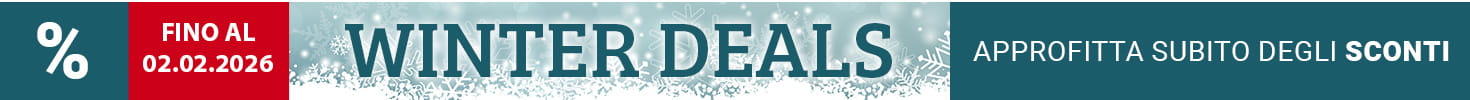 Banner pubblicitario invernale con fiocchi di neve. Al centro il testo: Offerte invernali. Fino al 44% di sconto sui migliori attrezzi fitness. In alto a sinistra, evidenziato in rosso: Fino al 02/02/2026. In basso un altro campo con il testo: Approfitta degli sconti ora.