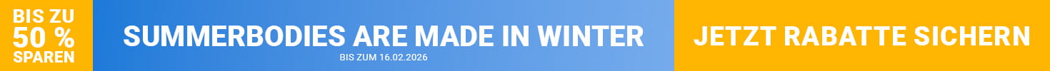 Werbebanner zeigt rechts eine Person in Sportbekleidung auf einem Laufband in wohnlicher Umgebung. Auf der linken Seite in Großbuchstaben der Text: Summerbodeis are made in Winter. Bis zu 45 % Rabatt auf Top-Fitnessgeräte. Jetzt sparen. Bis zum 16.02.2026.