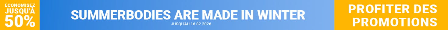 La bannière publicitaire montre à droite une personne en tenue de sport dans un environnement confortable s'entraînant sur un tapis de course. À gauche le texte en majuscule Summerbodies are made in Winter. Jusqu'à 45% de réduction sur les meilleurs appareils de fitness. Jusqu'au 16.02.2026.