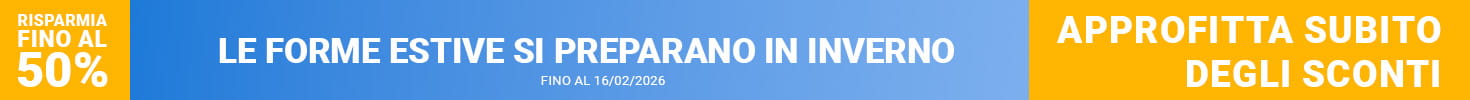 Il banner pubblicitario mostra a destra una persona in abbigliamento sportivo su un tapis roulant in un ambiente domestico. Sul lato sinistro, in maiuscolo, il testo: Summerbodeis are made in Winter. Fino al 50% di sconto sui migliori attrezzi per il fitness. Risparmia ora. Fino al 16/02/2026.
